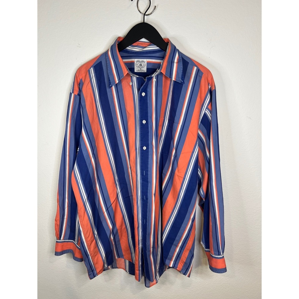 Vintage Brooks Brothers Mens Sport Shirt Vertical Stripe Blue Orange XL